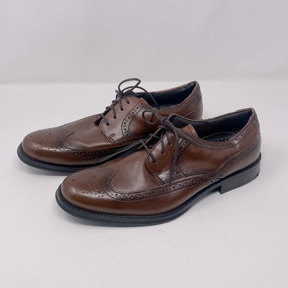 Chaps Men’s Brown Lace Up Leather Wing Tip Closed Toe Dress Shoes - Picture 1 of 13